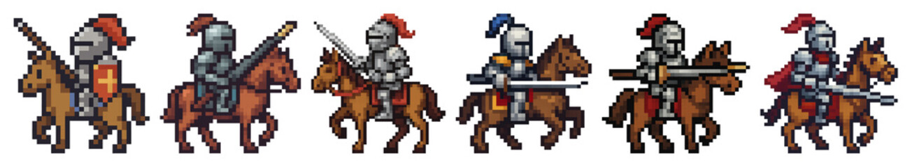 Fototapeta premium PNG Pixelated medieval knights on horseback, element set on transparent background