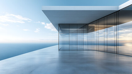 Obraz premium Ultra-modern glass building with minimalist concrete flooring, futuristic office interior featuring transparent walls, sleek architectural lines, and contemporary luxury residence aesthetic illustrati