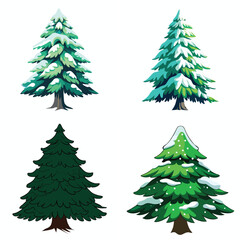 Four stylized evergreen trees with snow accents on a white background
