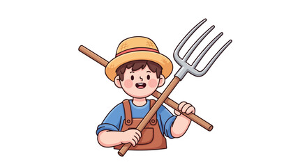 Happy Young Farmer Character Holding Farm Tools.