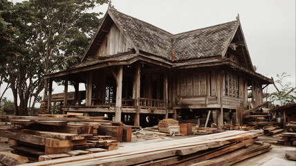 Old wooden house with stacked lumber