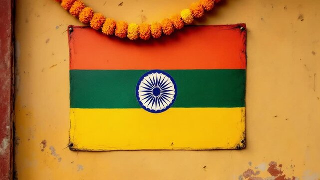 Vibrant karnataka rajyotsava flag with traditional marigold garland displayed on rustic wall symbolizing kannada pride