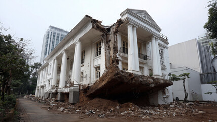 Damaged neoclassical building with fallen tree