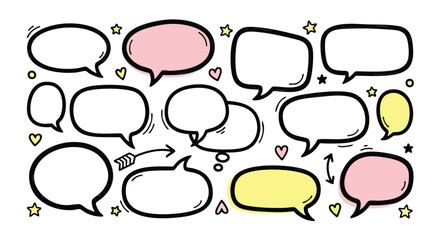 Obraz premium Cute hand drawn speech bubbles with hearts and stars for social media messaging and creative design projects
