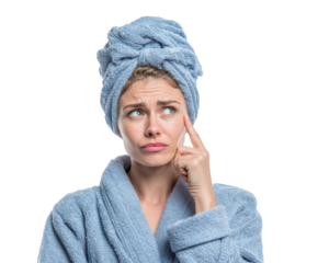 Contemplative woman in bathrobe home lifestyle isolated on transparent background