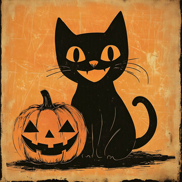 Retro Halloween Postcard &ndash; Nostalgic Black Cat and Pumpkin