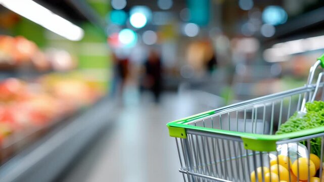 Fresh grocery shopping cart filled with vegetables and fruit bright supermarket with lettuce tomato lemon avocado inspiring consumer confidence