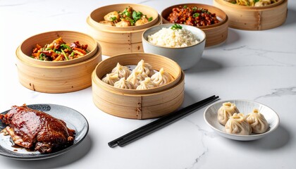 Delicious Asian Dim Sum Feast with Roasted Duck and Steamed Rice on Marble