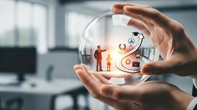 Mentorship Guiding Career Growth - A crystal ball held in hands shows a mentor guiding a mentee along a career path represented by an upward arrow and various career milestones.