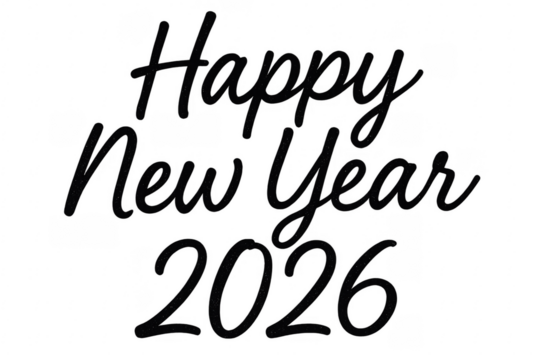 Happy new year 2026 cursive font on transparent background