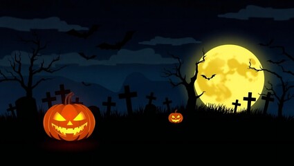 Fototapeta premium Spooky halloween night with glowing jack o lanterns and full moon