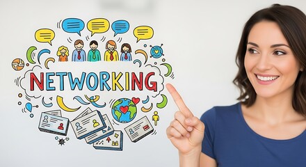 Smiling Brunette Woman Pointing to Colorful Networking Graphic