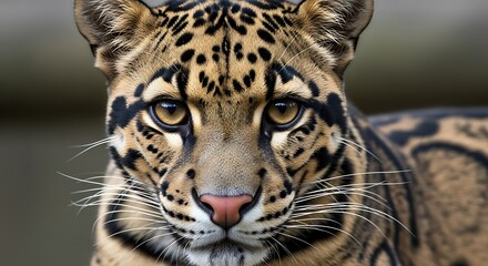Naklejka premium Close-up of a clouded leopard's captivating gaze, showcasing intricate patterns and focused expression.