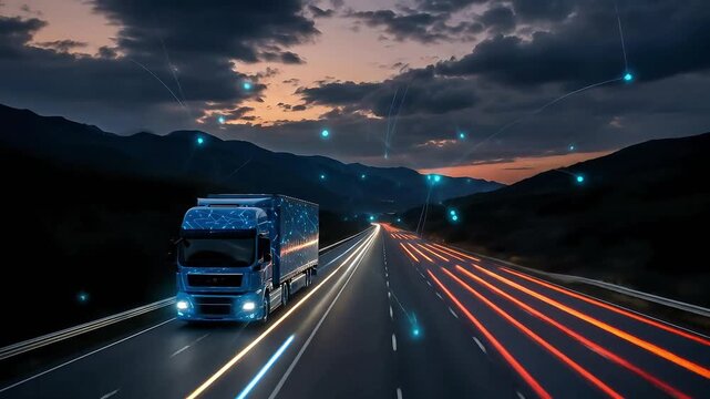 A futuristic truck drives on a highway at dusk, with glowing digital data streams and lights indicating advanced logistics and technology 4k video