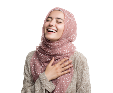Cheerful woman laughing in a hijab portrait positive vibes isolated on transparent background