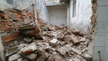 Collapsed building interior rubble debris