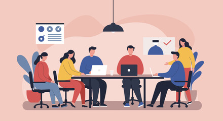 A vibrant flat design illustration depicting a collaborative business meeting with diverse individuals gathered around a table, engaging in teamwork and discussing marketing strategies.