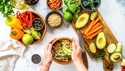 Woman Preparing a Plant-Based Quinoa and Veggie Lunch