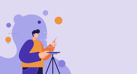Young man interacting with a futuristic holographic display, symbolizing innovation, data analysis, and technology-driven solutions in a modern digital workspace.