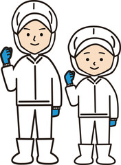 ガッツポーズをする工場で働く姿の男性と女性(マスクなし)