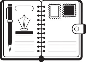 Travel Journal with Pen and Postage Stamps – Vintage Scrapbook Illustration