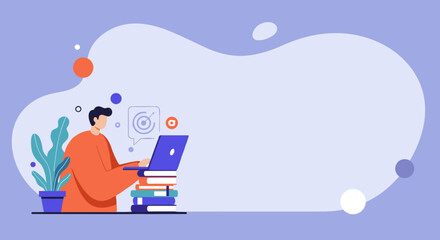 An illustrative flat design showcases a man working on a laptop, surrounded by books and a plant, perfect for a landing page or presentation, with an abstract background.