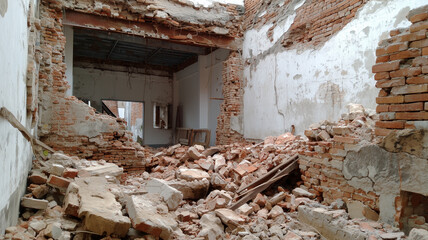 Ruined brick building interior demolition debris