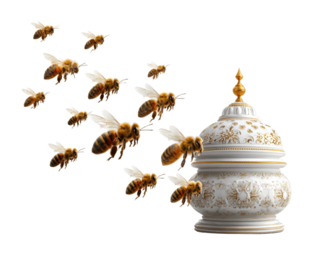 Bees swarming around decorative jar nature still life isolated on transparent background