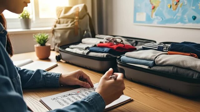 Woman Packing for Trip, Checking Checklist - A woman sits at a desk, reviewing her travel checklist before a trip. Packed suitcases and a backpack are visible in the background.