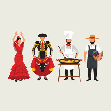 Illustration showcasing Spanish culture: a flamenco dancer, a matador, a chef cooking paella, and a farmer with grapes.