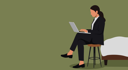 A professional woman in a business suit sits on a stool, focused on her laptop, working remotely in a minimalist flat design illustration.