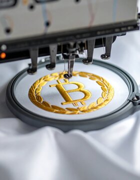 Close-up of a machine embroidering a gold Bitcoin symbol on a white garment