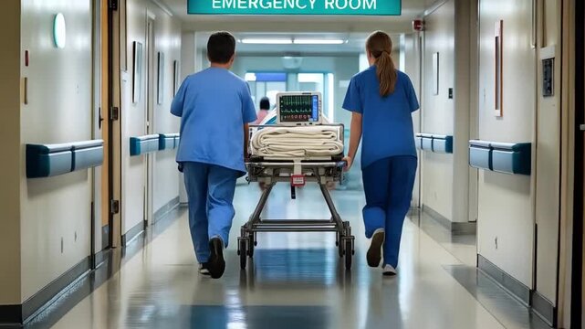 Emergency room staff rushing a patient on a gurney down a hospital corridor to the emergency room for immediate treatment