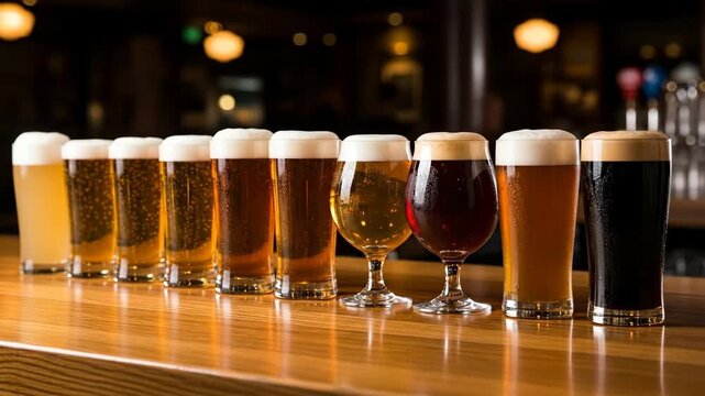 Assorted Beers on Wooden Bar - A row of various beers with frothy heads sits on a polished wooden bar top. The different colors and styles of beer are highlighted in a dimly lit pub setting.