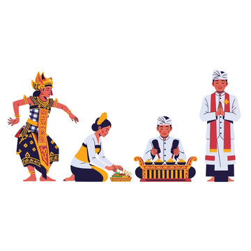 Illustration of Balinese people in traditional attire, performing cultural activities.