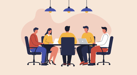 A diverse business team collaborates around a table in a modern office setting, working on a project with laptops, depicted in a clean flat design illustration style.