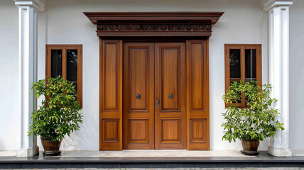 Wooden double door with flanking windows and potted plants