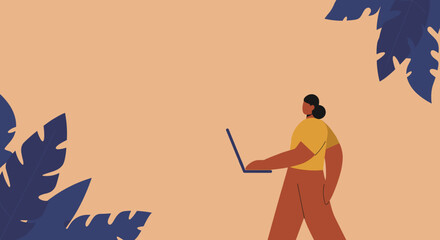 Person walking outdoors with a laptop, embodying remote work and digital nomad lifestyle amidst tropical leaves. Ideal for business, technology, and travel themes.