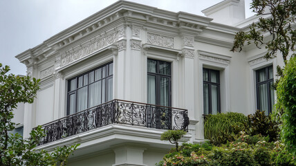 White house facade with ornate balcony and windows