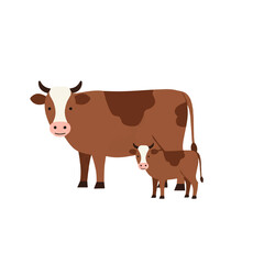 A charming flat 2D vector illustration features a gentle adult cow and its small calf standing closely together on a clean, plain white background, highlighting their tender bond.