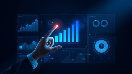 Hand interacting with a futuristic holographic display showing financial charts and data analytics