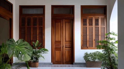 Wooden door and windows with plants