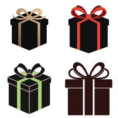 Four black gift boxes with colorful ribbon bows for holidays and celebrations