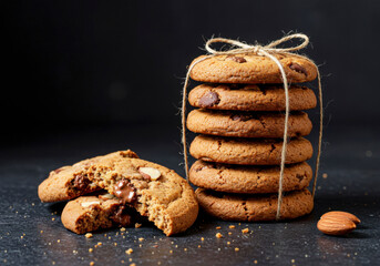 Stack of Chocolate Chip Cookies with Almonds on Dark Background. National Homemade Cookies Day