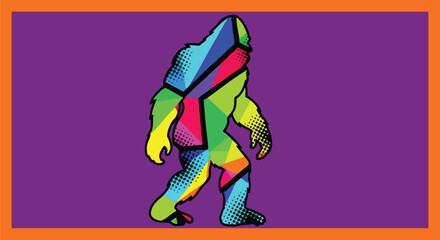 Vibrant, modern Bigfoot silhouette art with playful, geometric color blocks and halftone dots