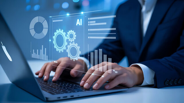 Business professional analyzing digital data and charts on a futuristic holographic interface with a laptop