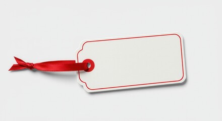 Blank paper gift tag with red ribbon and border isolated on a white background.