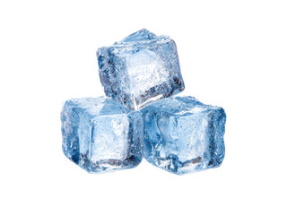 Transparent blue ice cubes stacked against black clear