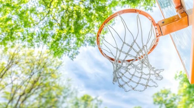 Outdoor basketball hoop with net against blue sky and trees