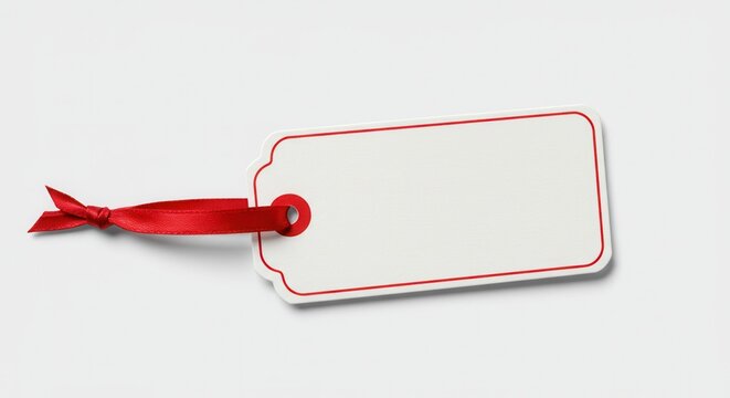 Blank paper gift tag with red ribbon and border isolated on a white background. - Powered by Adobe